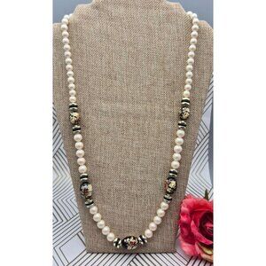Elegant Vintage Faux Pearl & Black Floral Cloisonne Bead Necklace 28" Classic